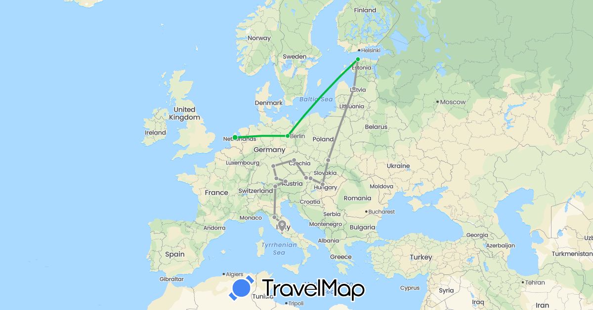 TravelMap itinerary: driving, bus, plane in Austria, Czech Republic, Germany, Estonia, Hungary, Italy, Latvia, Netherlands, Poland, Slovakia (Europe)